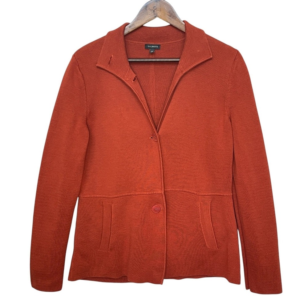 Talbots Womens Burnt Orange Knit Blazer Cardigan Button Front M Cotton Blend